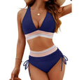 High waisted colour block bikini swimsuit set with adjustable drawstring ties.