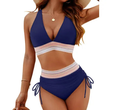 High waisted colour block bikini swimsuit set with adjustable drawstring ties.
