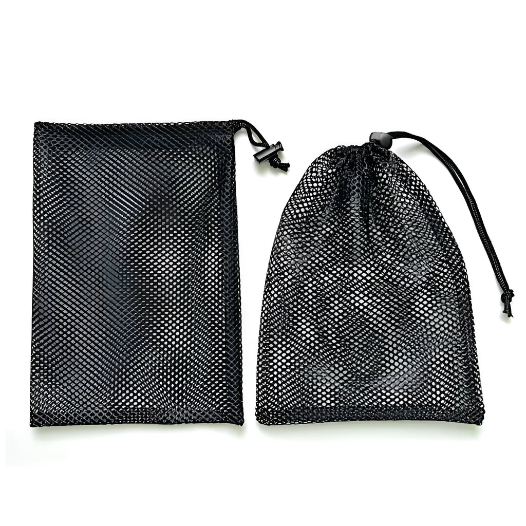 Black drawstring mesh storage bag shown in multiple sizes for toy organisation