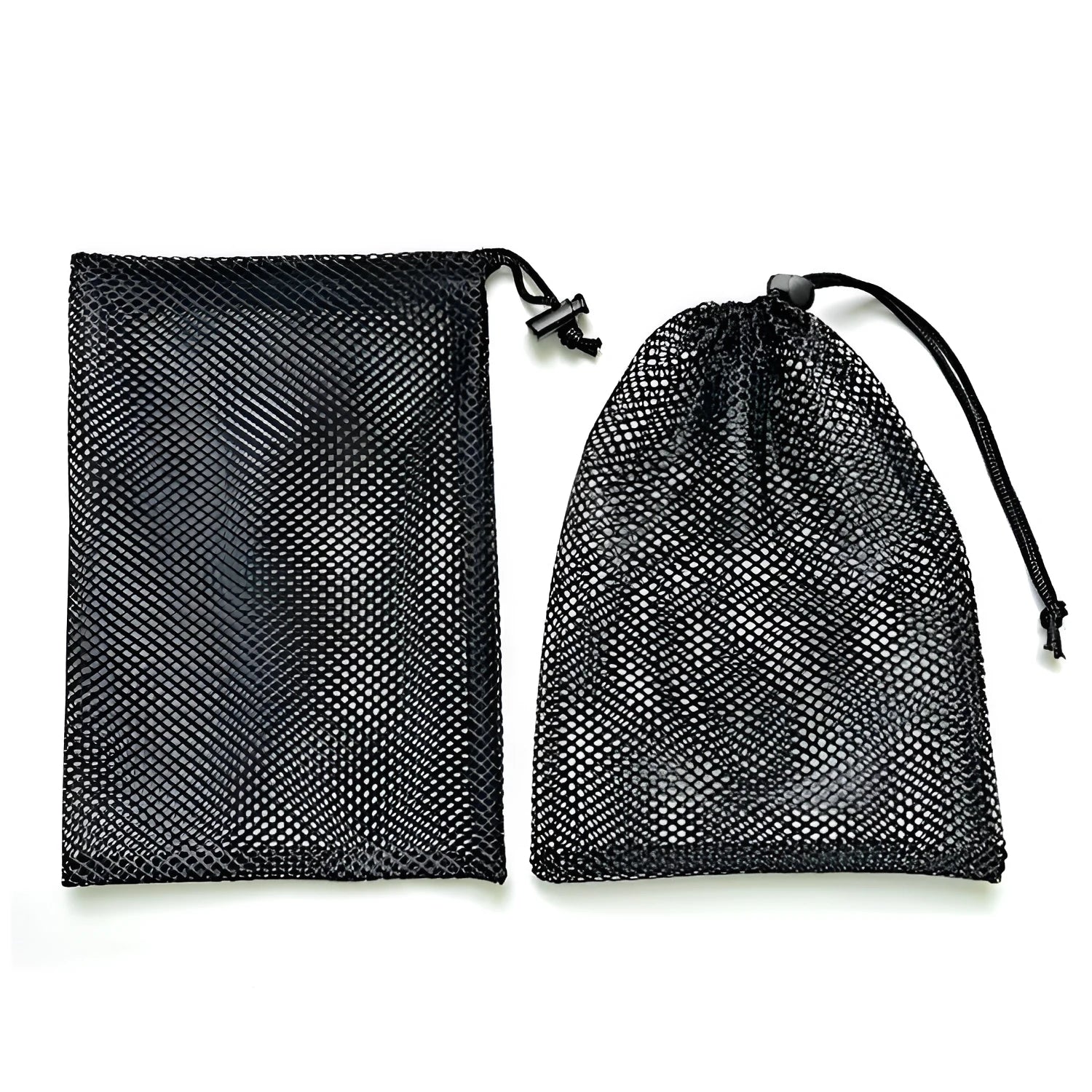 Black drawstring mesh storage bag shown in multiple sizes for toy organisation