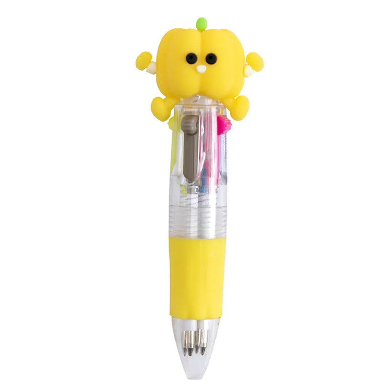 Four-colour press ballpoint pen with cartoon designs and 0.7mm tip in random colour pattern options