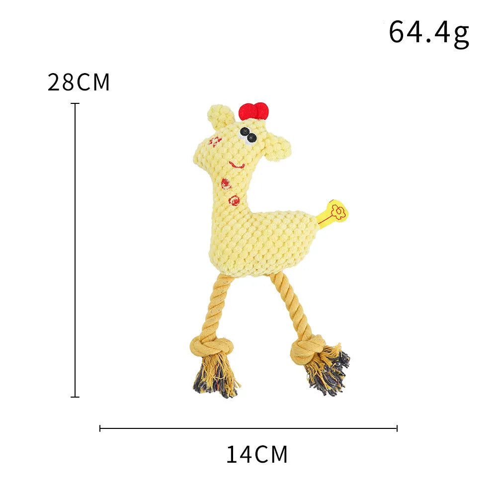 Deer shaped plush dog toy with corn grain texture in blue, pink, and yellow colours