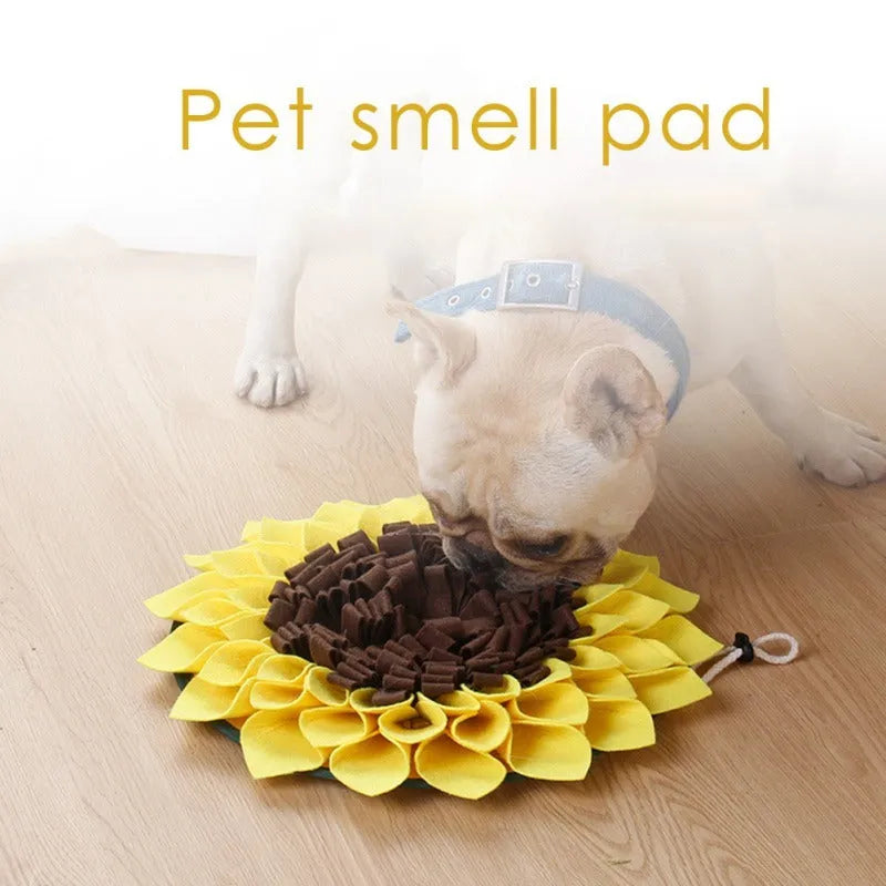 Yellow sunflower-shaped dog snuffle mat measuring 37.5cm with rope and buckle anti-slip design