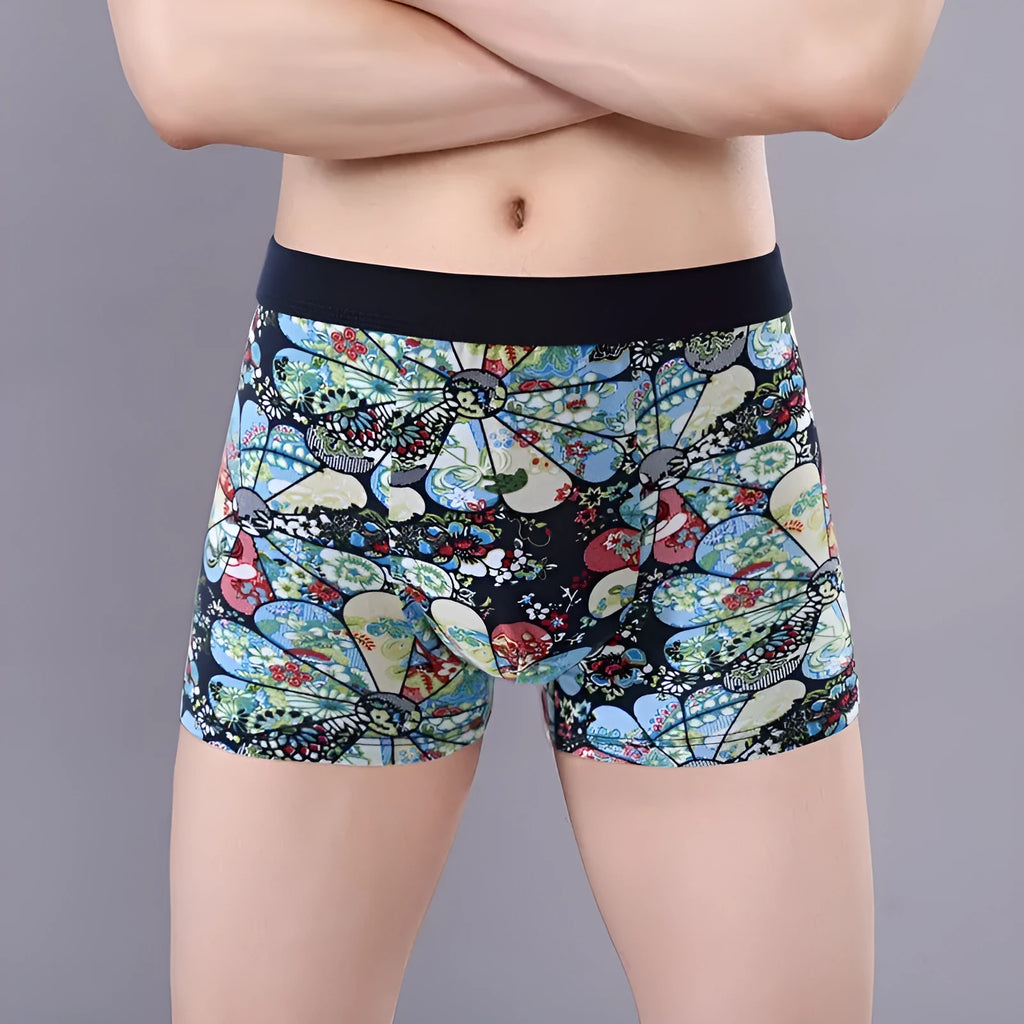 Men's cotton boxer underwear with floral pattern and U-shaped convex design in extended plus sizes