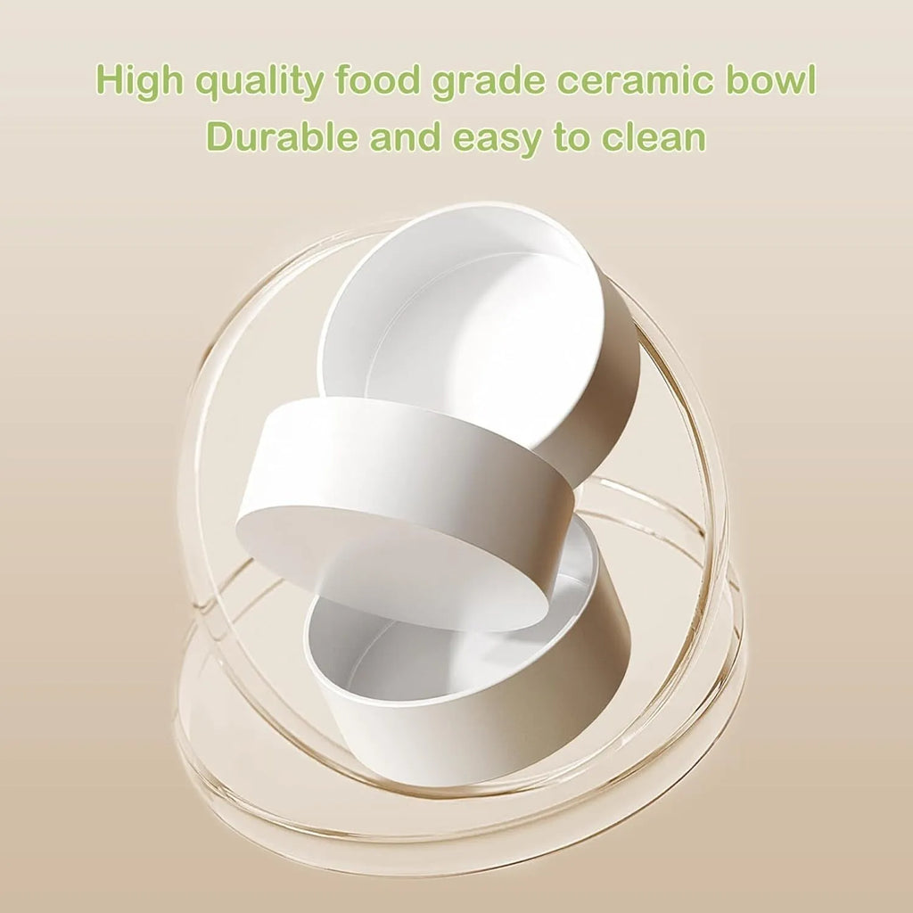 Green ceramic elevated cat bowl set with two bowls on a tilted, non-slip stand.