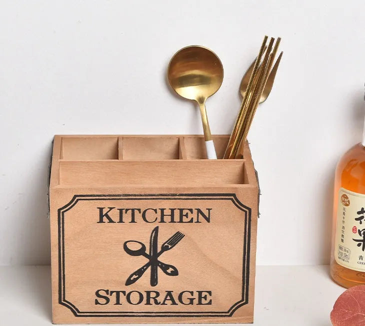 Wooden kitchen storage box with internal divider grids for knives, forks and chopsticks