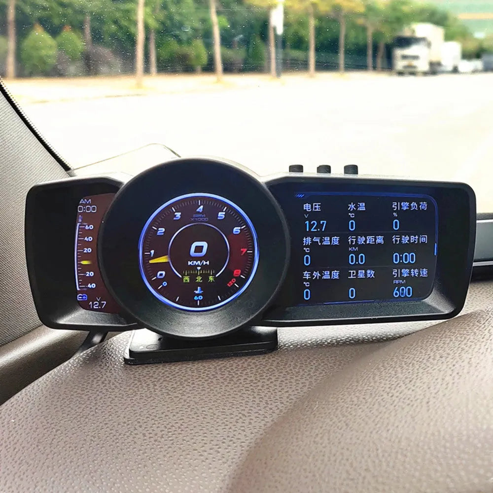 A600 OBDII car diagnostic monitor with HD TFT screen, connecting cable, and installation tools.