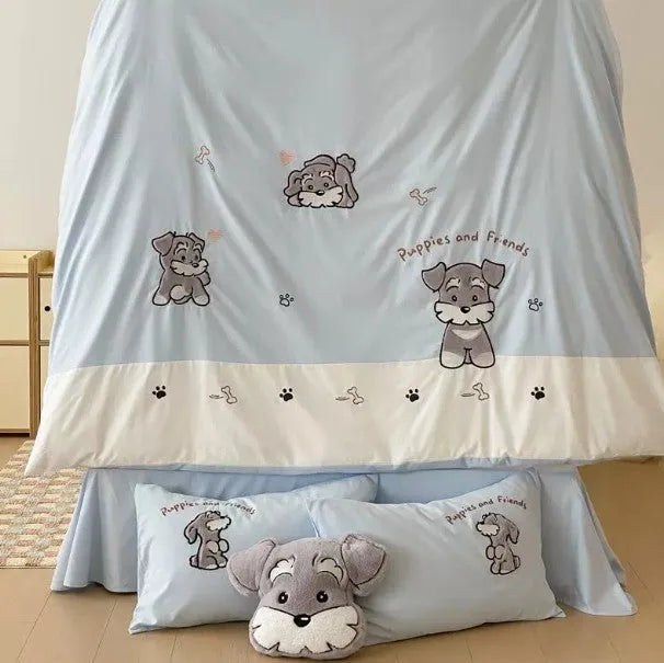 Cartoon Schnauzer dog pattern embroidered cotton bedding set with quilt cover, flat sheet, and pillowcases.