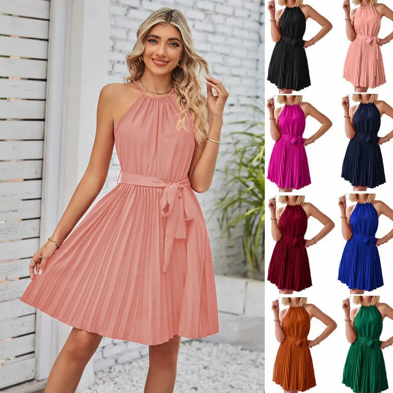 Women's black halter neck strapless sundress with pleated midi skirt and adjustable waist belt.