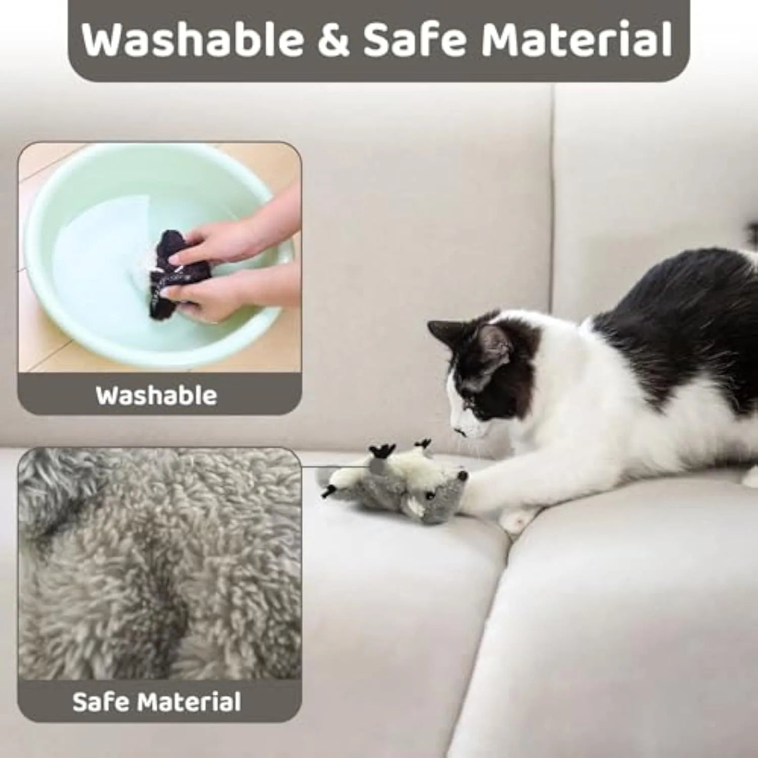 Gray squirrel cat kicker toy with flapping wings and USB charging port
