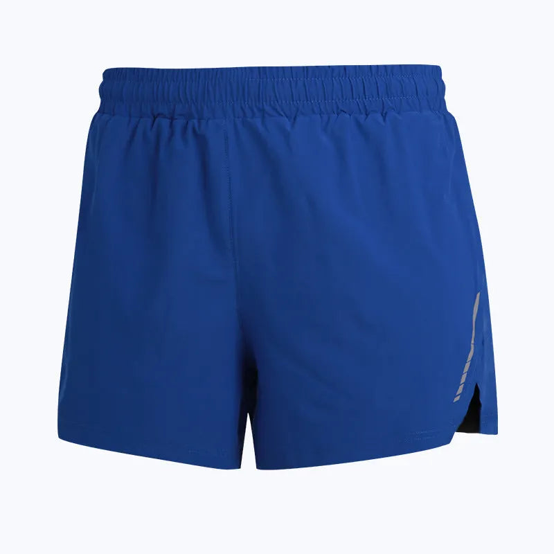 Men's straight-cut quick-dry running shorts in polyester, shown in black, grey, fluorescent green, and blue.