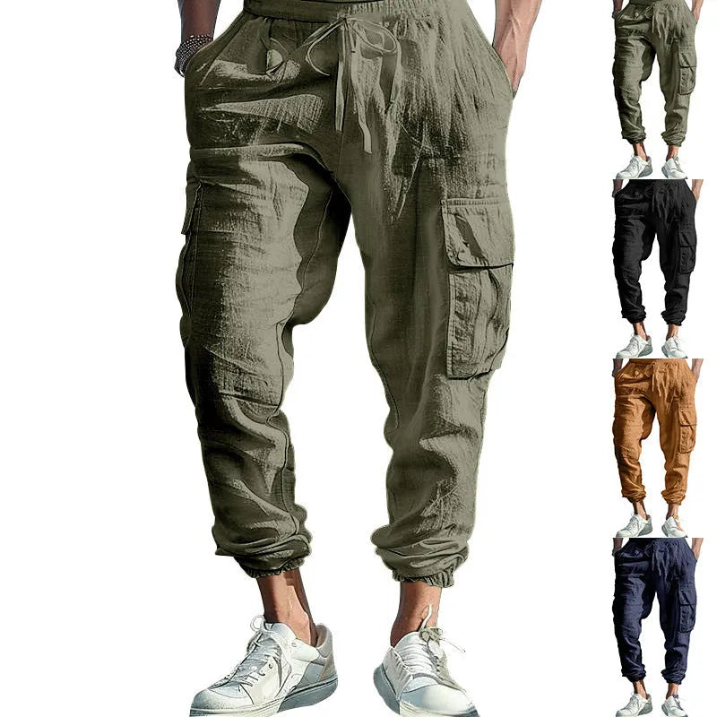 Men's solid colour linen casual trousers with ankle ties and a drawstring waist.