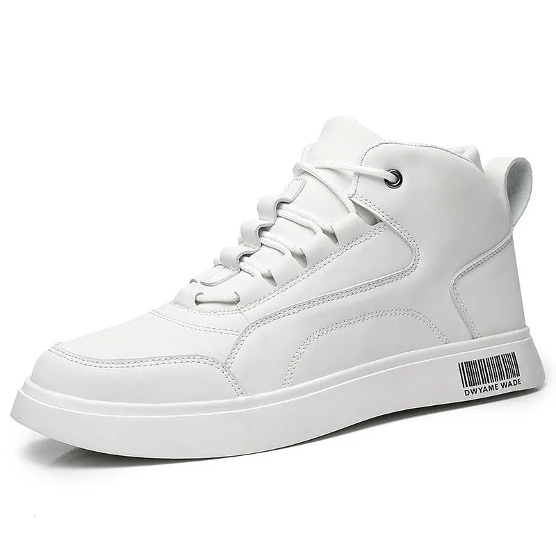 Men's white casual board shoes with mid-top design and round toe shape