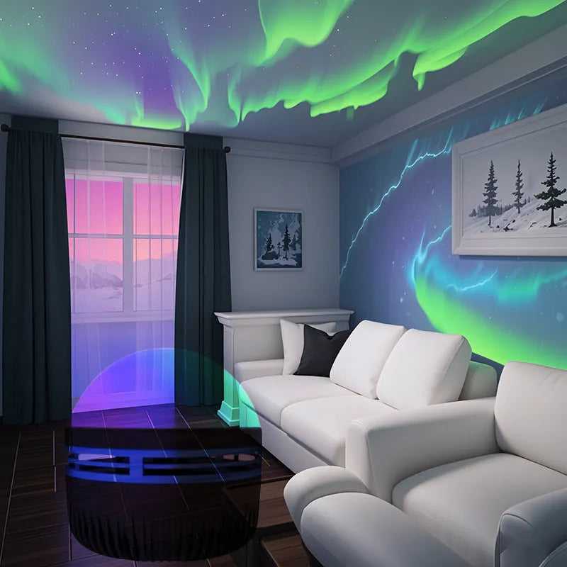 Water ripple LED projection night lamp with colourful northern lights effect on a bedside table