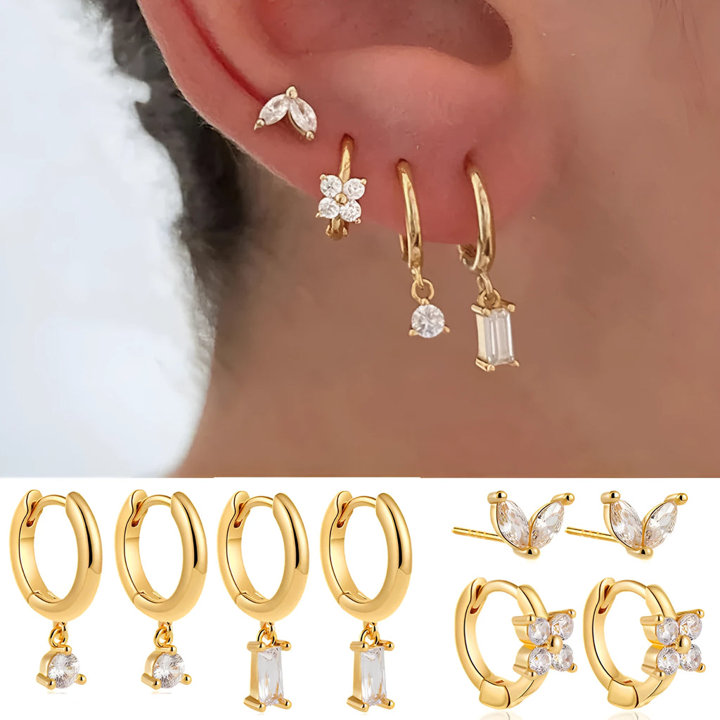 Geometric square copper earrings with zircon detailing in gold or silver electroplated finishes