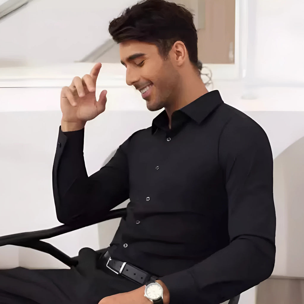 Men's long sleeve solid colour cardigan style shirt with four-sided elastic polyester fabric