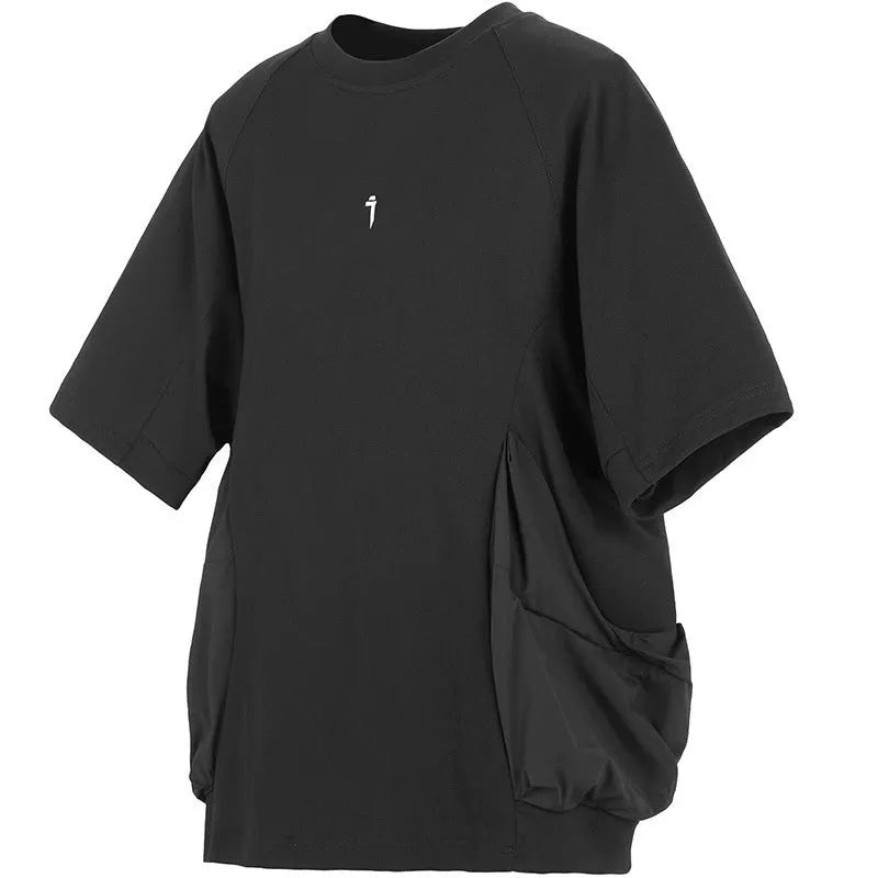 Men's loose black cotton t-shirt with two large pockets and round neck