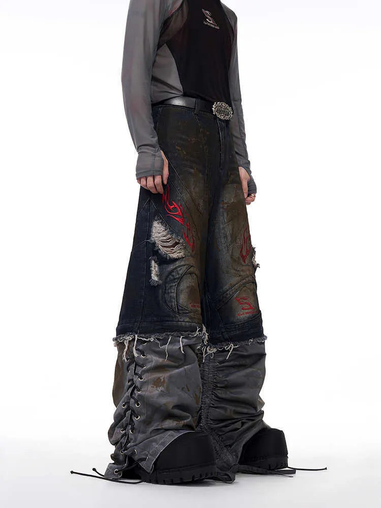 Men's wide leg retro jeans with detachable trousers legs in mid-high waist denim