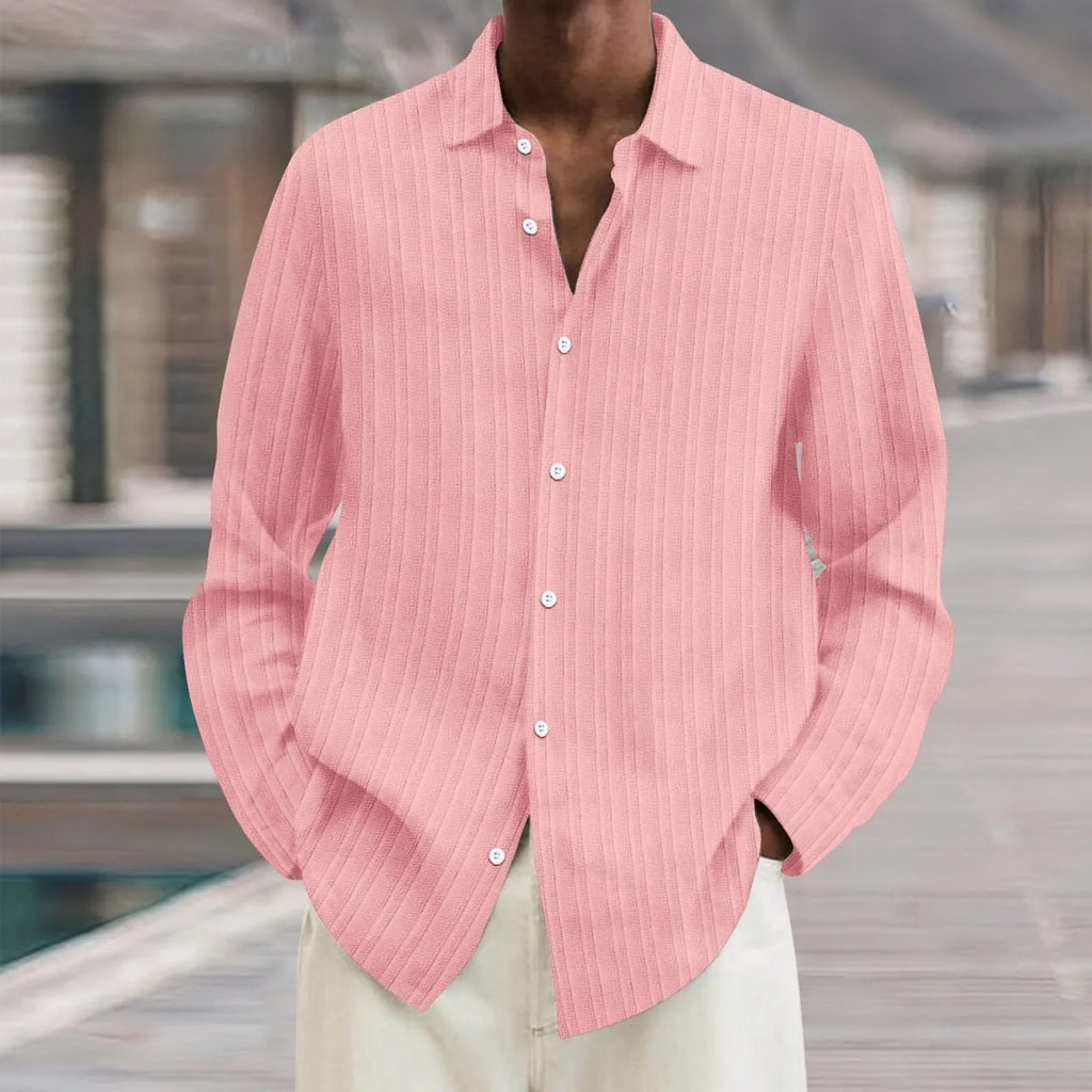Men's striped British style cardigan with long sleeves in a loose fit.