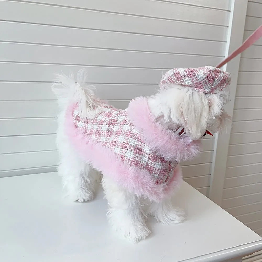 Pink cat costume set with cloak and beret for female cats with hand holding rope accessories