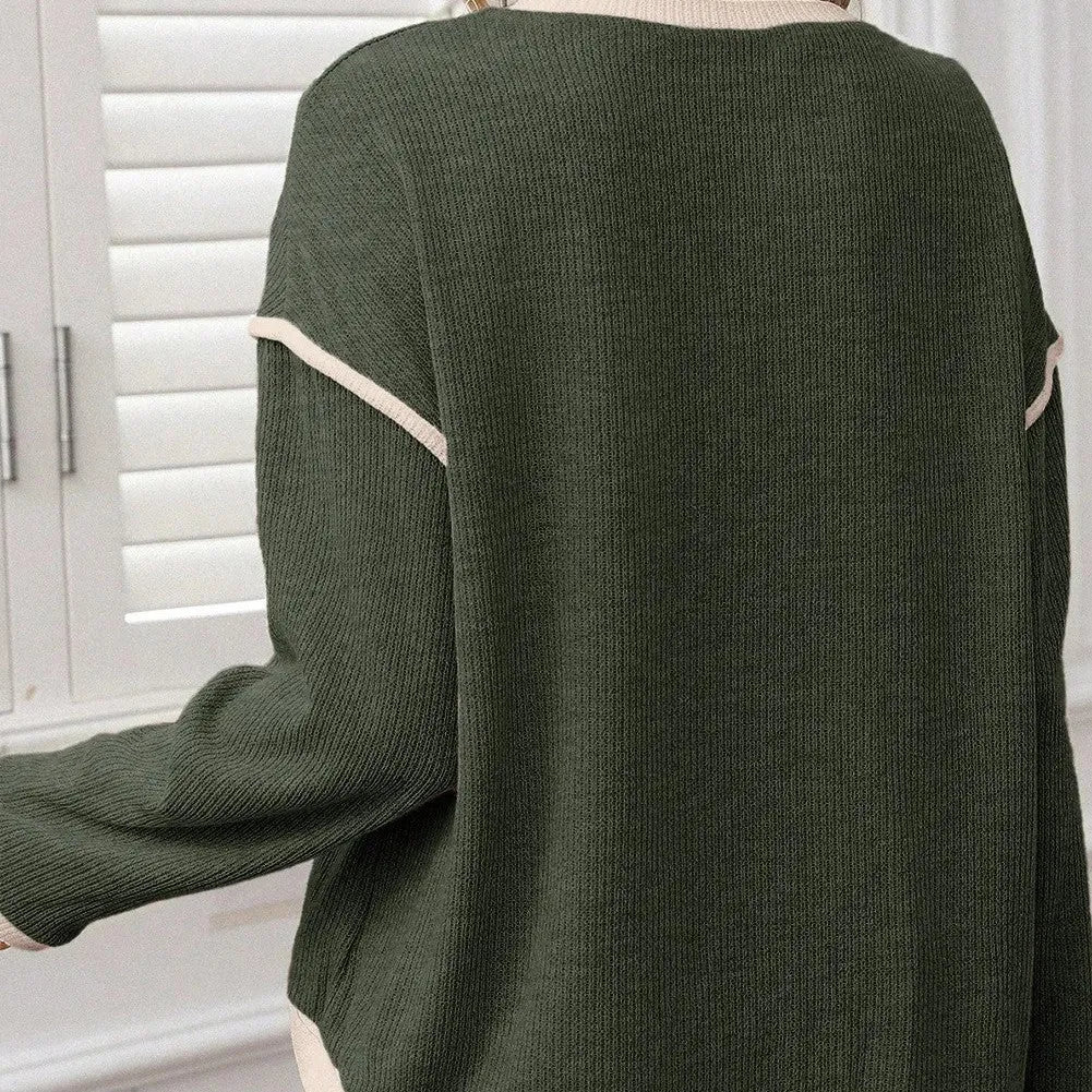 Drop shoulder loose knit top with four leaf clover contrast trim in polyester elastane fabric