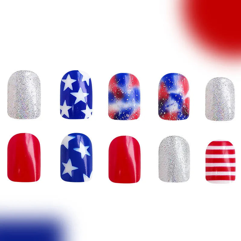 False nails set with red, white, and blue star pattern for Independence Day in European square shape