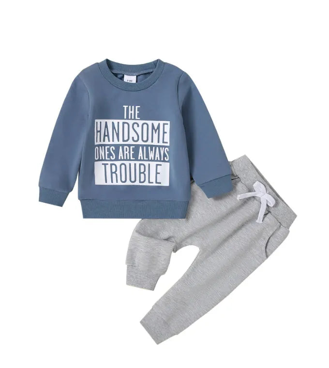 Navy blue casual round neck letter print sweater trousers suit for baby boys, cotton knitted pullover set on white background
