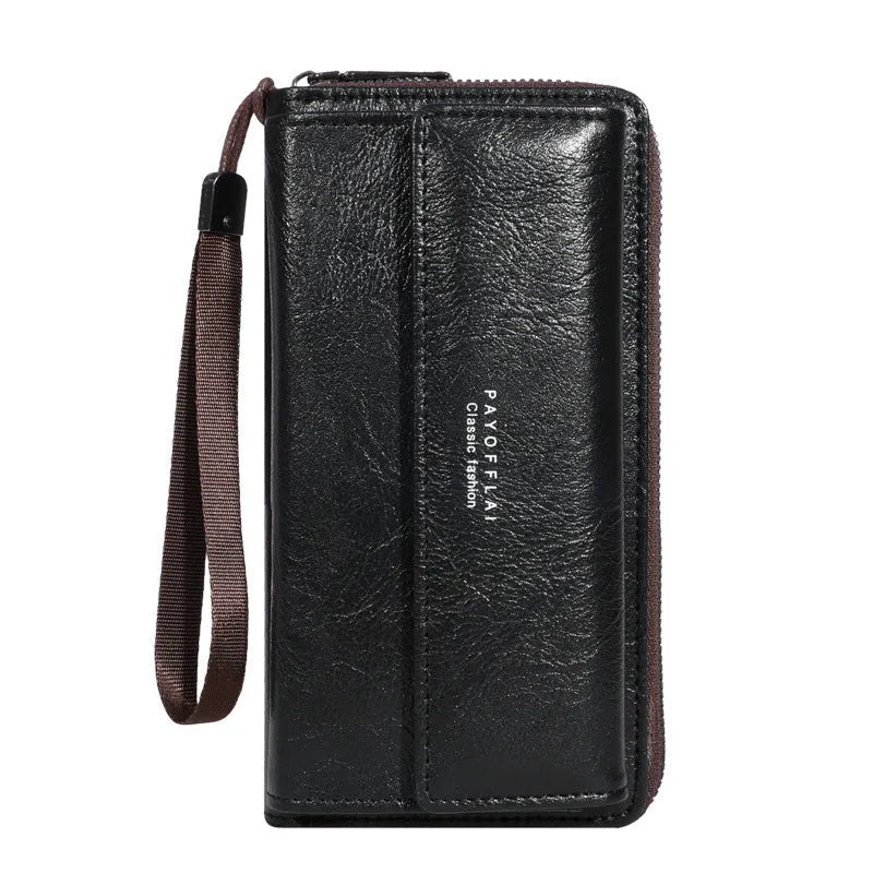 Men's black PU long wallet open to show multiple card slots and coin compartment.