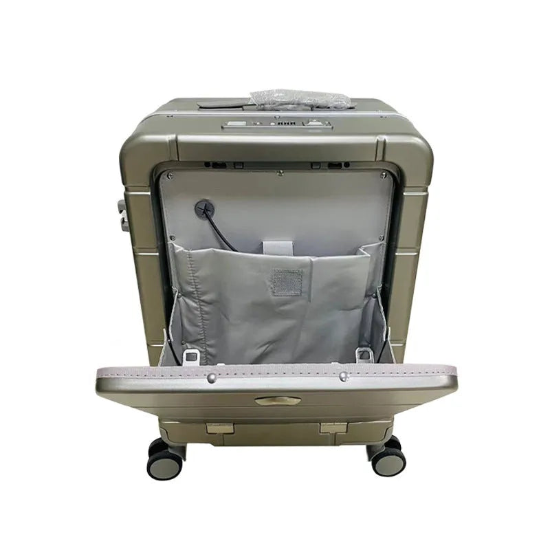 20-inch front opening hard shell suitcase in black with universal wheels and a separate compartment for dry and wet items.