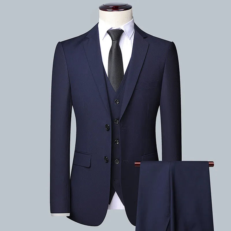Men's South Korean-style slim-fit business two-button suit set in gray colour showing coat and trousers