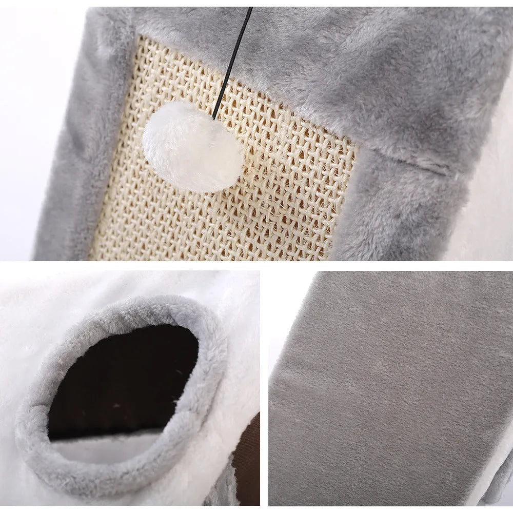 Triangular cat scratching bed with fur cover in gray white or light brown beige color options for pets