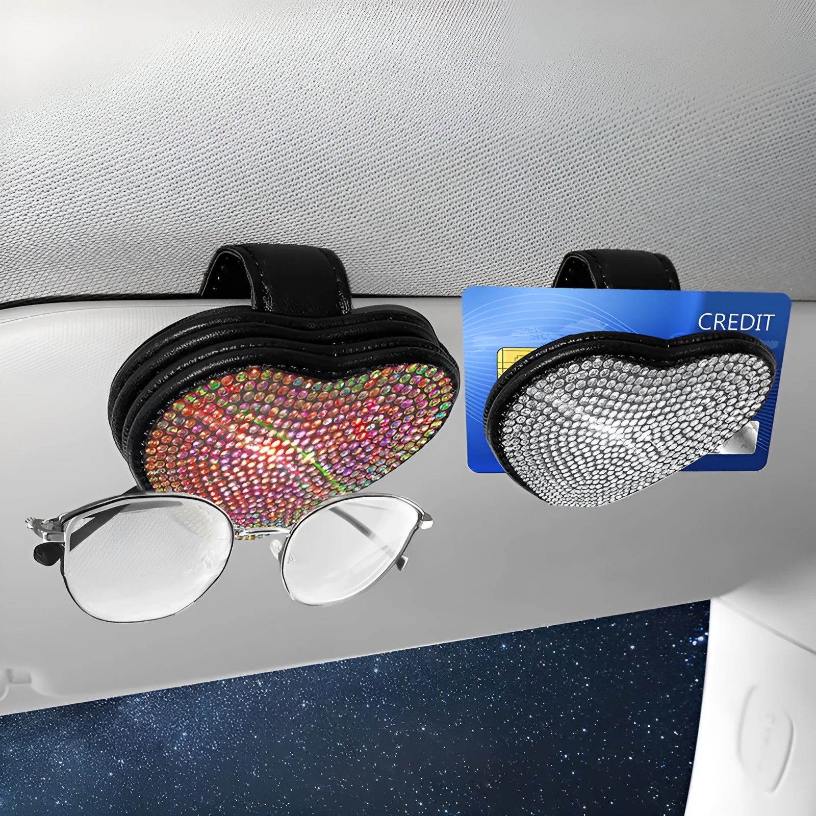 Black diamond-encrusted PU leather car sun visor clip holding sunglasses and a ticket.