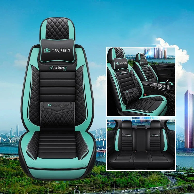 Red leather universal car seat cushion with high elastic sponge filling shown on a car seat.