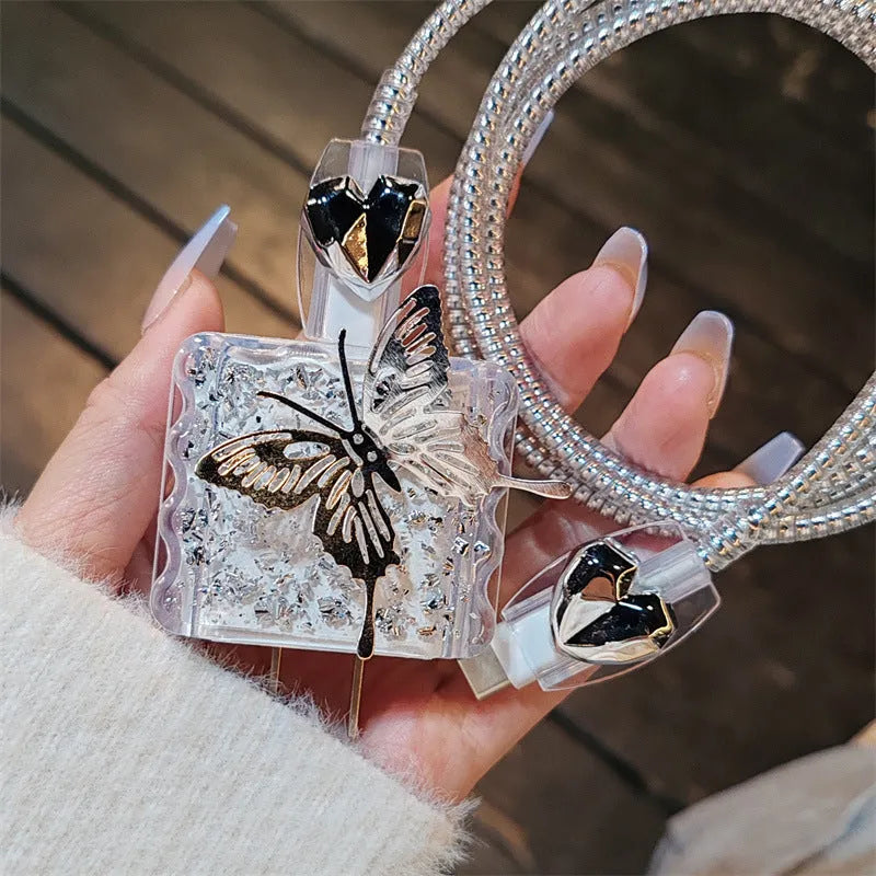 Three-dimensional butterfly USB cable protection sleeve for Apple 20W power adapter with silver foil square sleeve