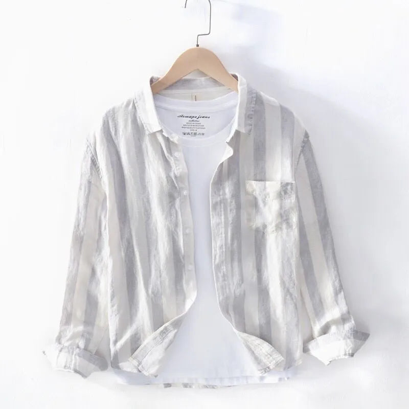 Men's loose fit Hong Kong style long sleeve shirt in blue or light grey polyester.