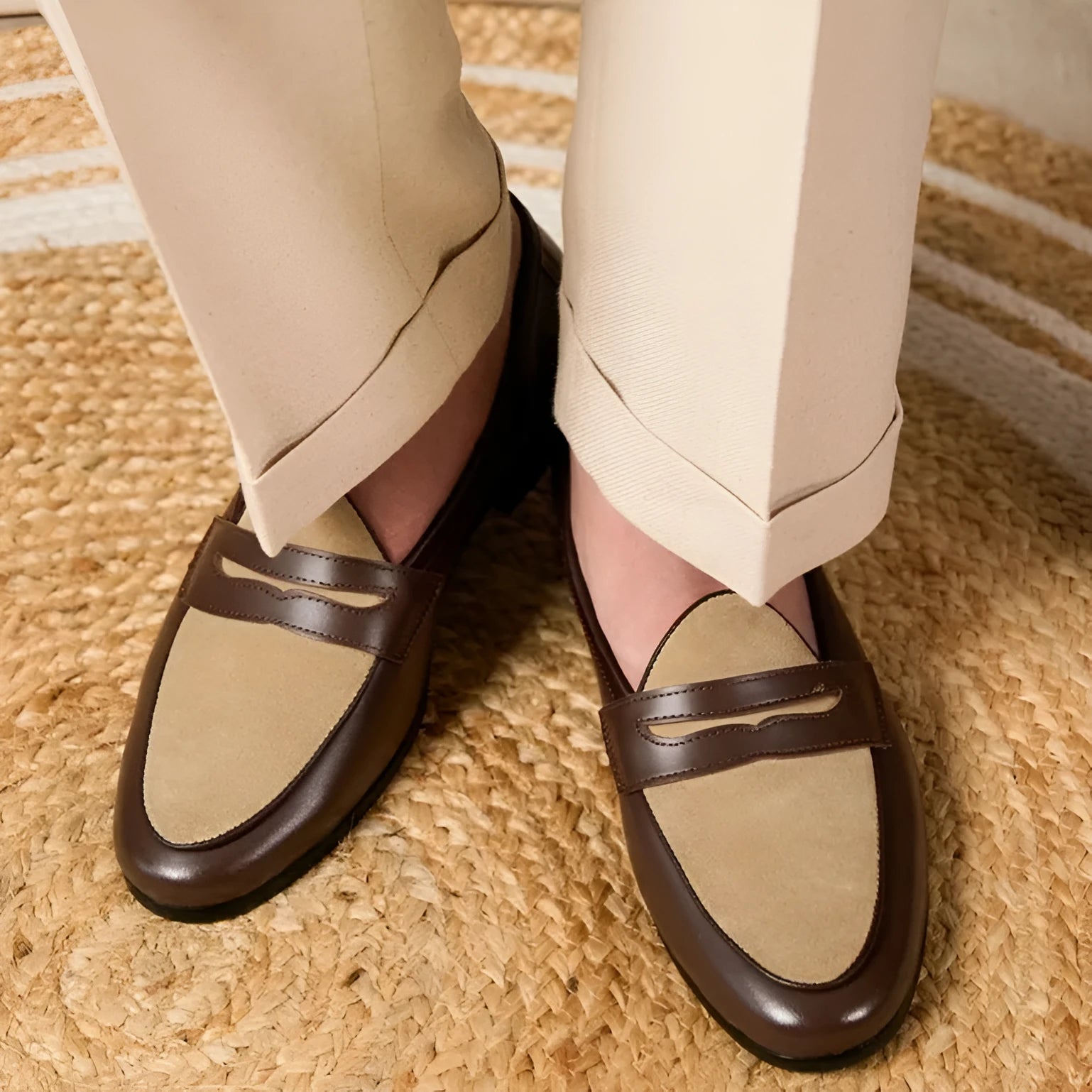 Coffee grey suede leather loafers with an elastic kick tab closure and a rubber sole.