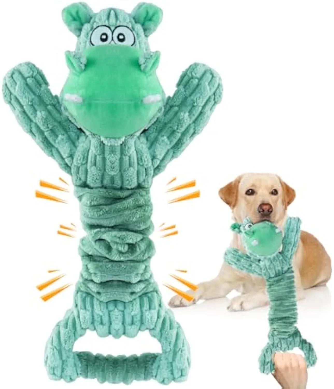 Large soft plush dog toy shaped like a hippo or monkey with a telescopic handle at the base