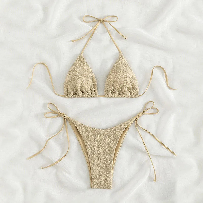 Women's high waist bikini swimsuit with lace-up sides in khaki, blue, pink, or black colours