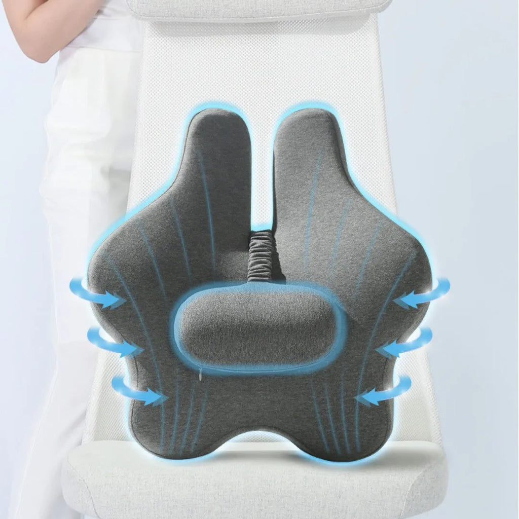 Memory foam car back cushion with adjustable waist support in grey colour