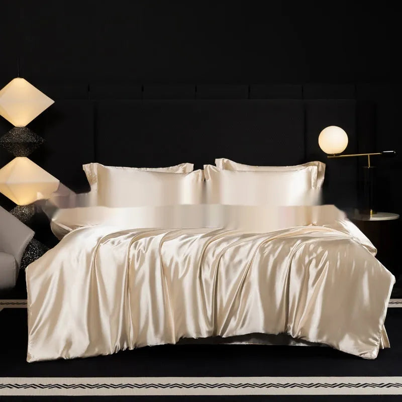 Silk four-piece bedding set in a solid colour, shown in one of seven shades including Ash Purple or Matcha Green.