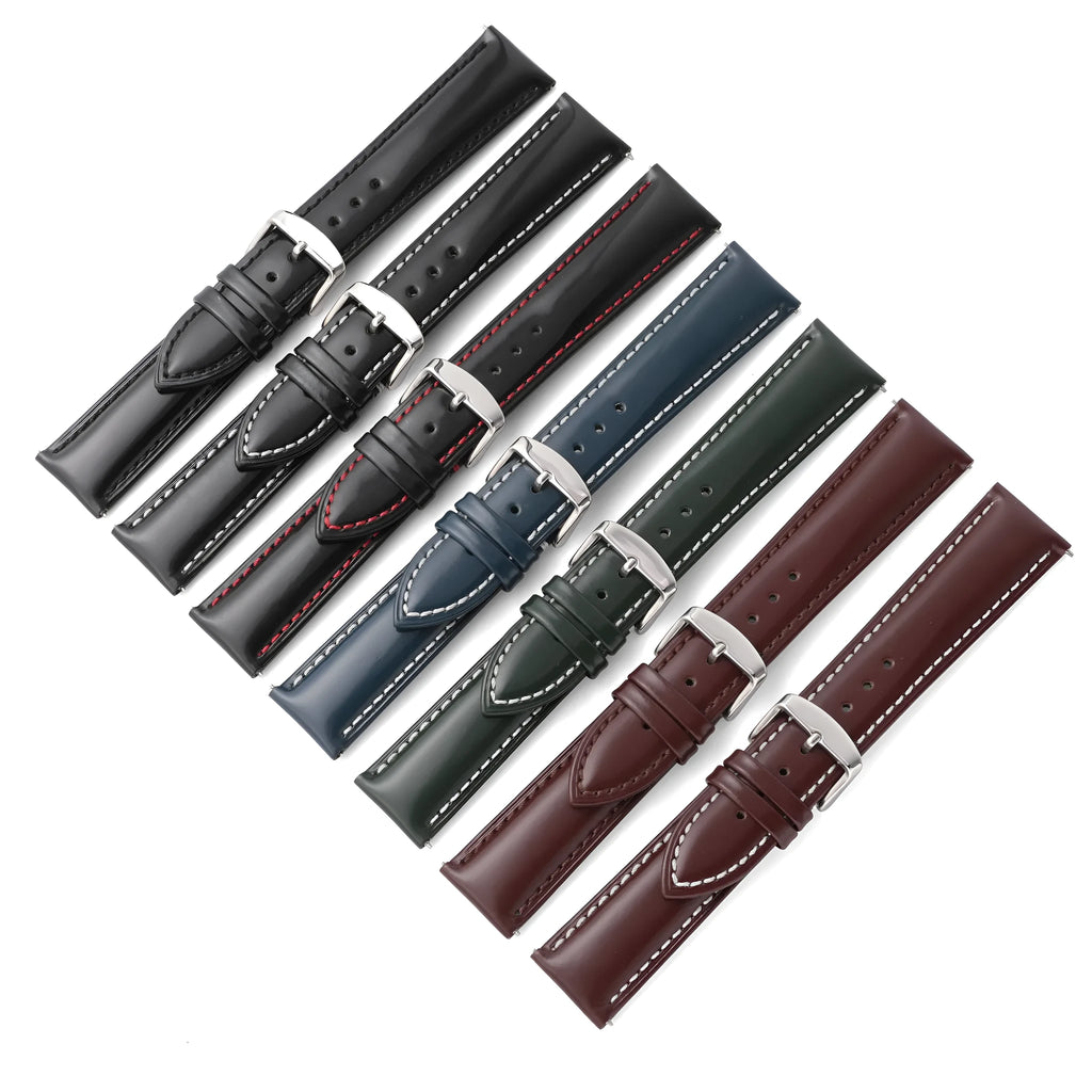 Bright cowhide quick release watch strap showing colour and width options