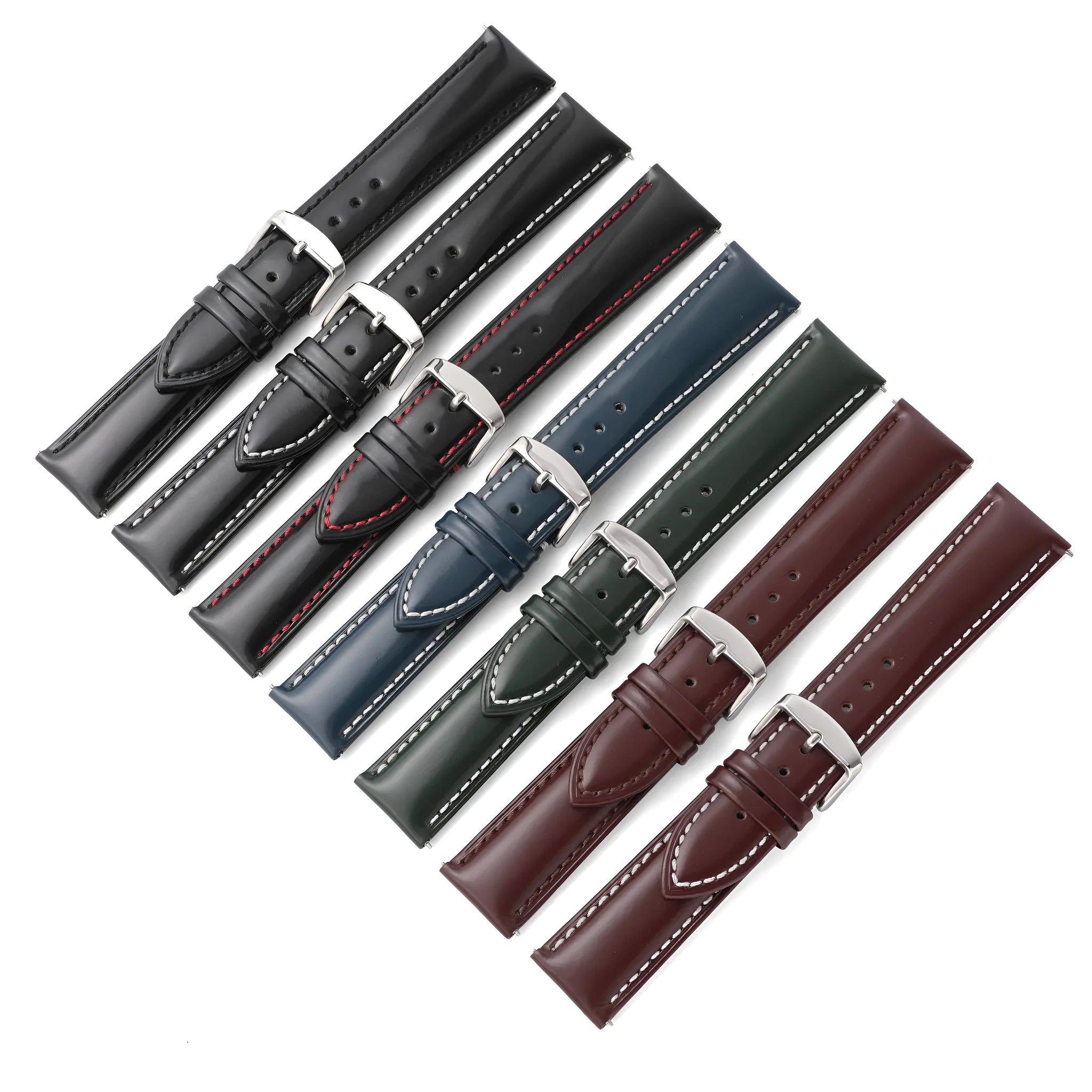 Bright cowhide quick release watch strap showing colour and width options