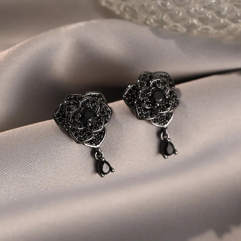 Black rose flower-shaped stud earrings with zircon decorative accents for women