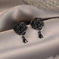 Black rose flower-shaped stud earrings with zircon decorative accents for women