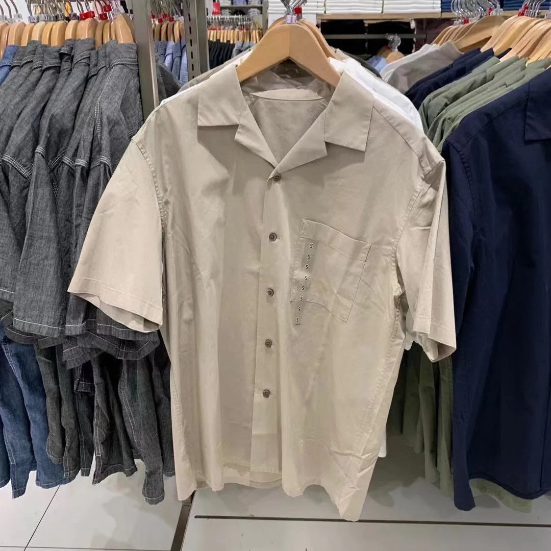 Men's beige modal cotton open collar casual shirt with cardigan style