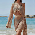 Women's khaki bell sleeve sun protection clothing set with hollow out detailing and loose fit