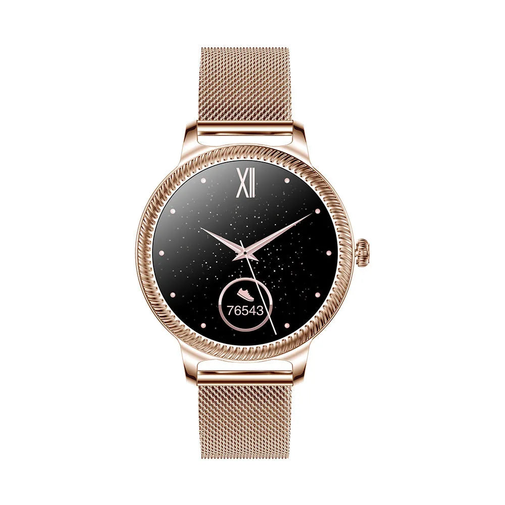 AK38 ladies smart watch with colour display and stainless steel Milanese mesh wristband