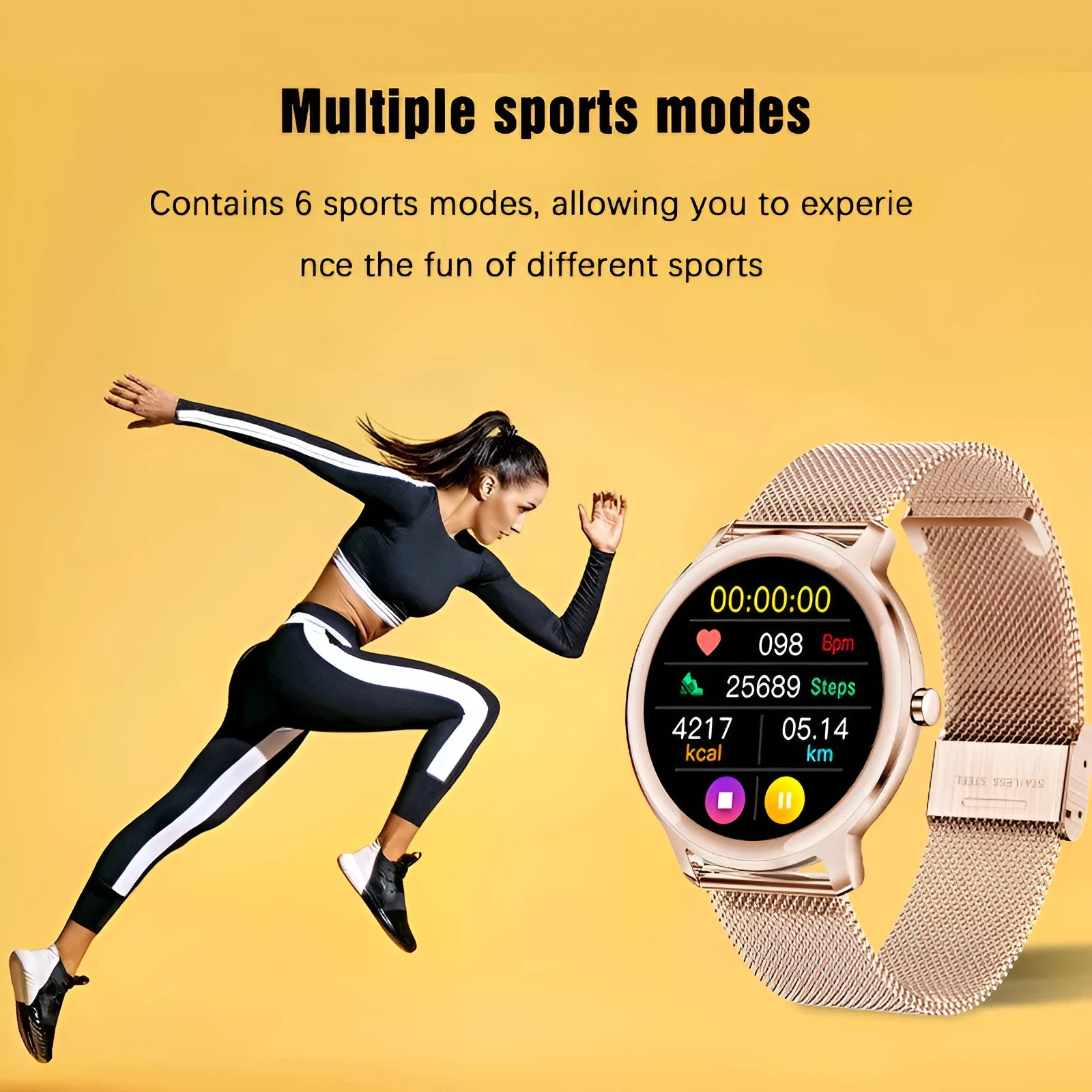 Women's waterproof smart watch with stainless steel strap and 1.3-inch touch screen in rose gold or silver