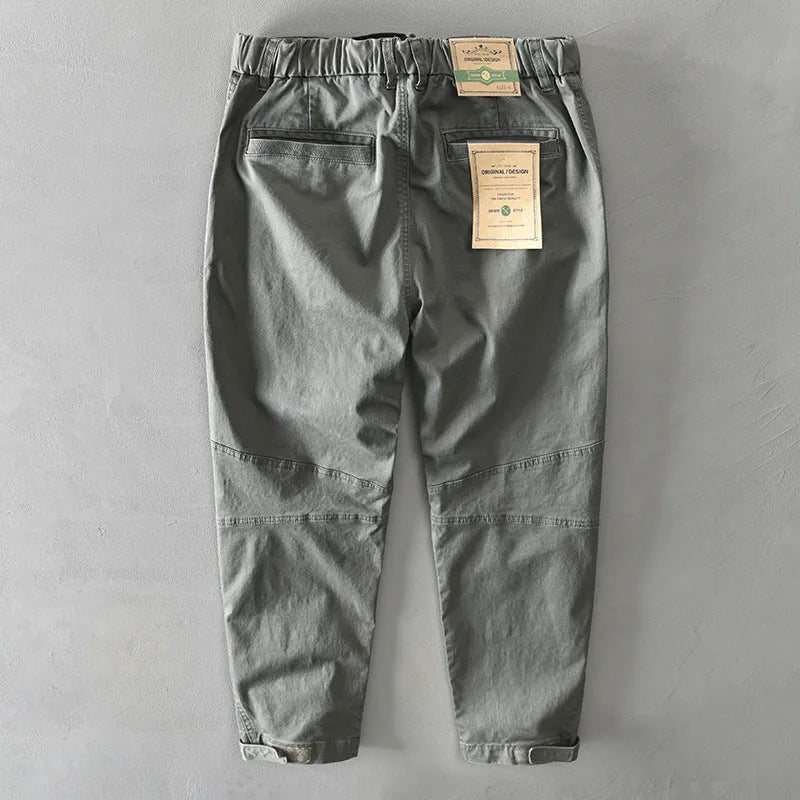 Men's casual Japanese overalls in cotton with elastic waist, shown in khaki colour