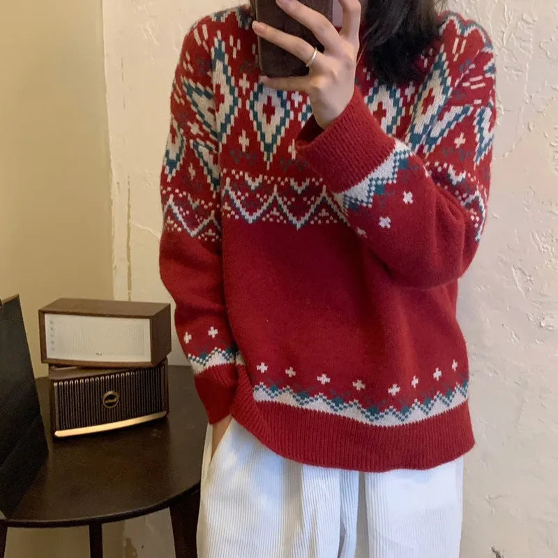 Loose striped pullover knitted top in polyester with long sleeves